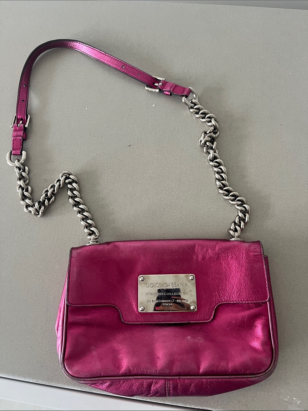 Dolce & Gabbana Metallic Fuchsia Crossbody Bag with Silver Chain